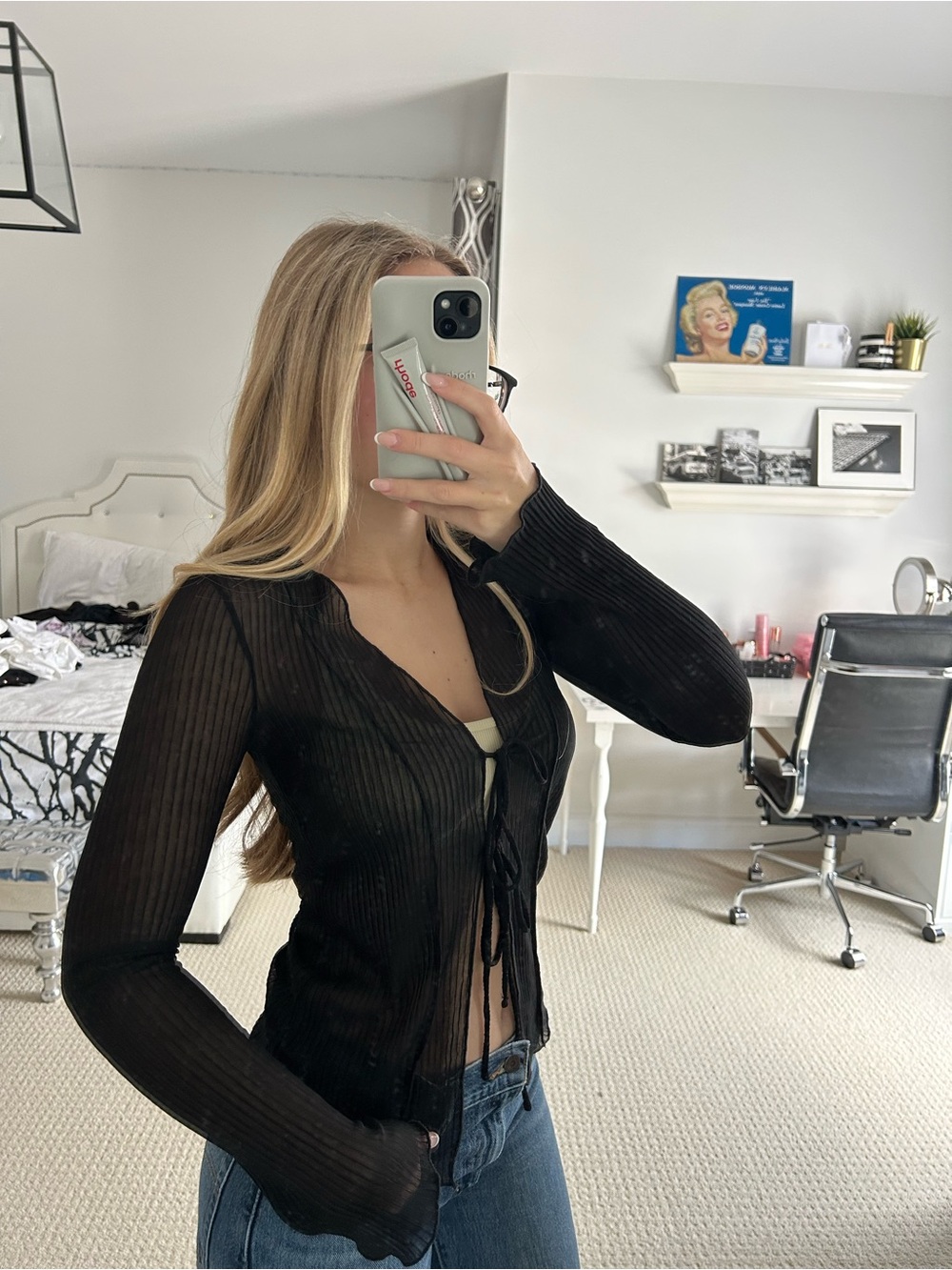 Zara Black Sheer Tie-Front Ribbed Tunic